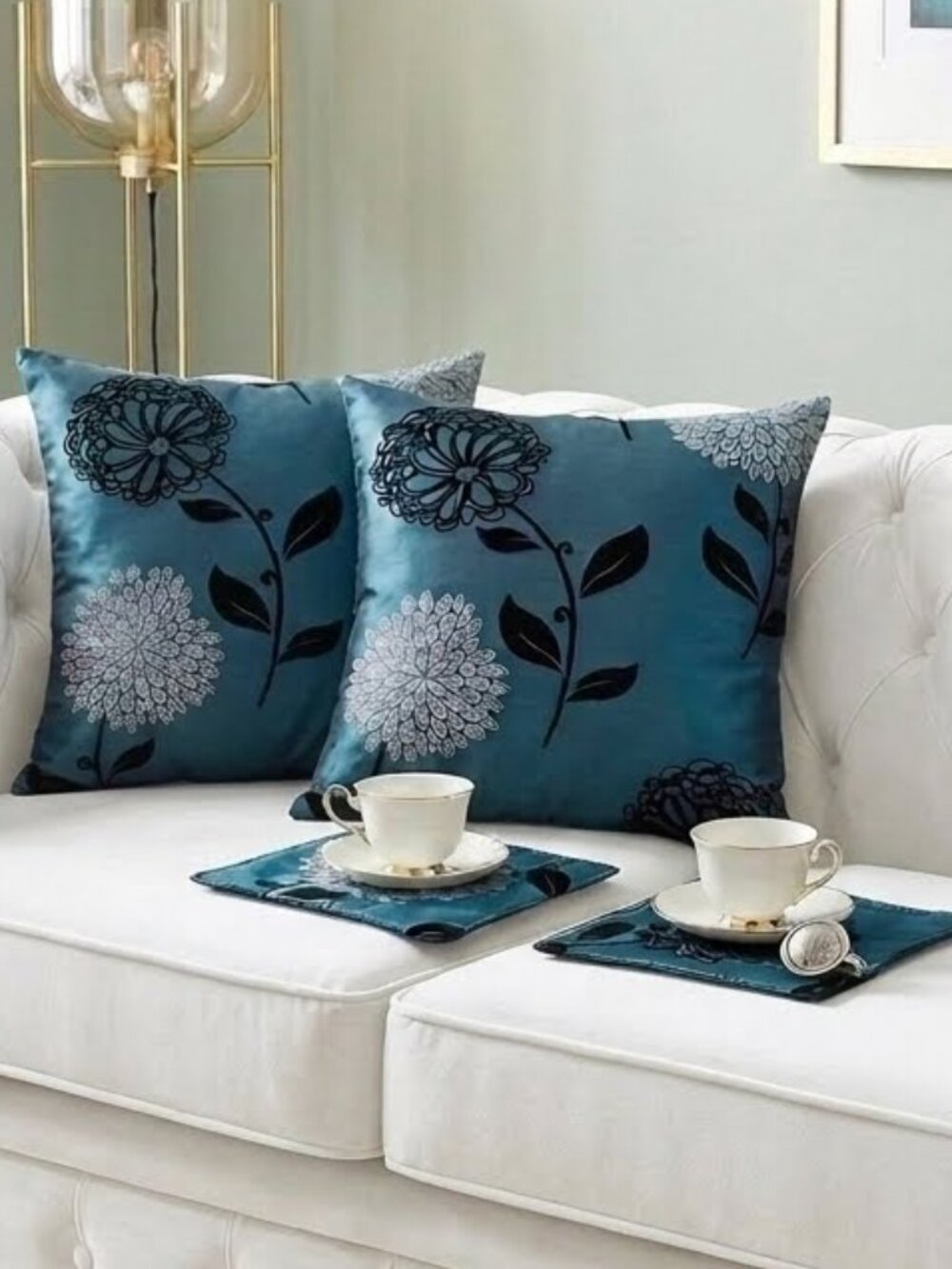 2 Handmade Blue Floral Cushion Covers + 2 Matching Mug Mats Home Decor